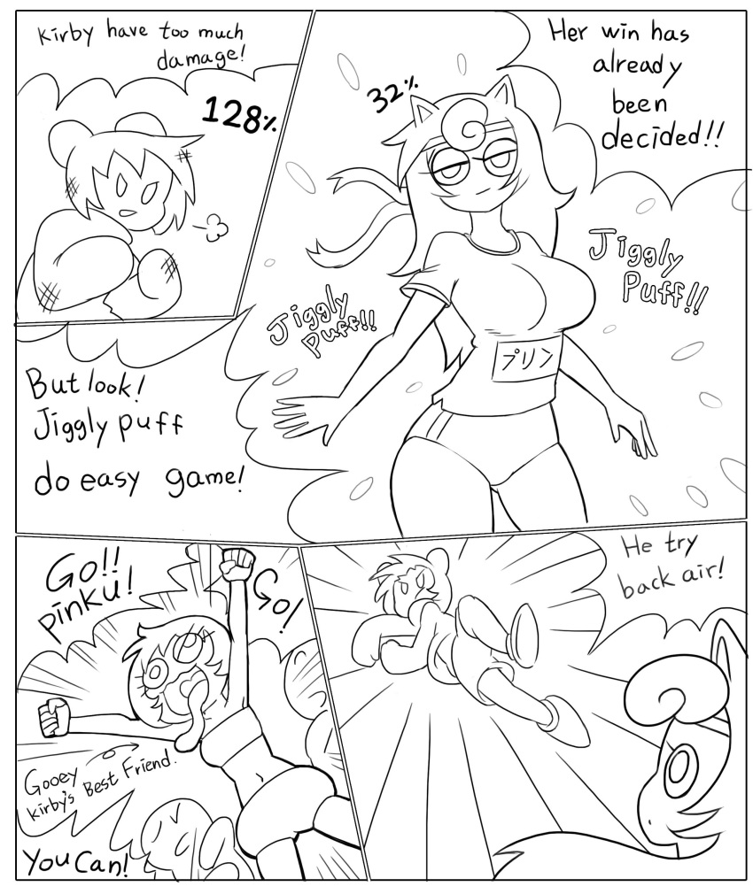 2018 alien alternate_species anthro bandanna bloomers breasts clothing comic crossover dialogue digital_media_(artwork) english_text female fight gooey_(kirby) hair half-closed_eyes hi_res hoodie human humanized jigglypuff kirby kirby_(series) long_hair long_tail male mammal minus8 monochrome navel nintendo pok&eacute;mon pok&eacute;mon_(species) shirt short_hair super_smash_bros t-shirt text video_games