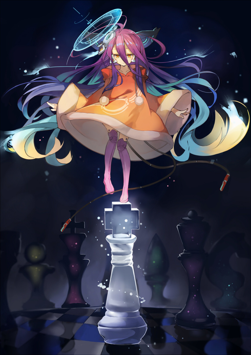 bangs bishop_(chess) blue_hair boots brown_eyes brown_robe chess_piece collarbone commentary_request eyebrows_visible_through_hair gradient_hair hair_between_eyes hair_ornament highres hood hood_down hooded_robe king_(chess) knight_(chess) long_sleeves mitu_yang multicolored_hair no_game_no_life pawn pink_footwear pink_legwear pom_pom_(clothes) purple_hair queen_(chess) red_eyes robe robot_joints rook_(chess) shuvi_(no_game_no_life) solo standing standing_on_one_leg thigh_boots thighhighs wide_sleeves