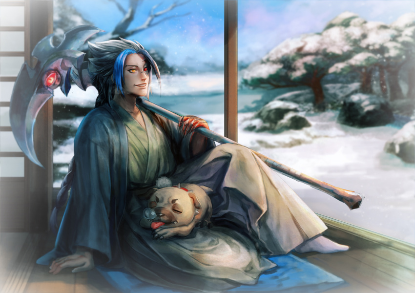 alternate_costume black_hair blue_hair braid dog gloves heterochromia japanese_clothes kayn leaf league_of_legends long_hair male_focus multicolored_hair no_shoes nyaamen_fork red_eyes rock scar scythe single_glove snowing socks solo teeth tongue tongue_out tree two-tone_hair yellow_eyes