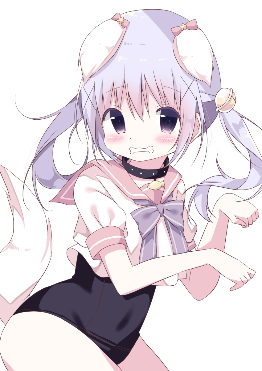 absurdres animal_ears bangs bell black_collar black_swimsuit blue_hair blush bow cartoon_bone commentary_request dog_ears dog_girl dog_tail eyebrows_visible_through_hair gochuumon_wa_usagi_desu_ka? hair_bell hair_between_eyes hair_ornament hamada_pengin highres jingle_bell kafuu_chino kemonomimi_mode long_hair looking_at_viewer mouth_hold old_school_swimsuit one-piece_swimsuit paw_pose pink_sailor_collar puffy_short_sleeves puffy_sleeves purple_bow purple_eyes sailor_collar school_swimsuit school_uniform serafuku shirt short_sleeves simple_background solo swimsuit swimsuit_under_clothes tail tail_raised twintails white_background white_shirt