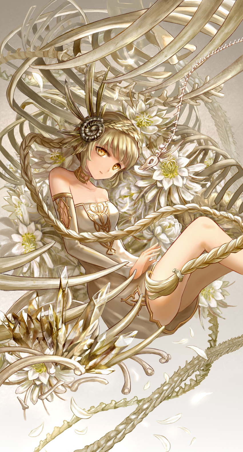 bare_shoulders blonde_hair bone braid choker collarbone commentary_request crown_braid crystal detached_sleeves dress flower gold_trim gradient gradient_background grey_background hair_ornament head_tilt highres keiko_(mitakarawa) knees_up long_hair looking_at_viewer original parted_lips petals reclining side_braid skeleton solo strapless strapless_dress very_long_hair white_dress yellow_eyes