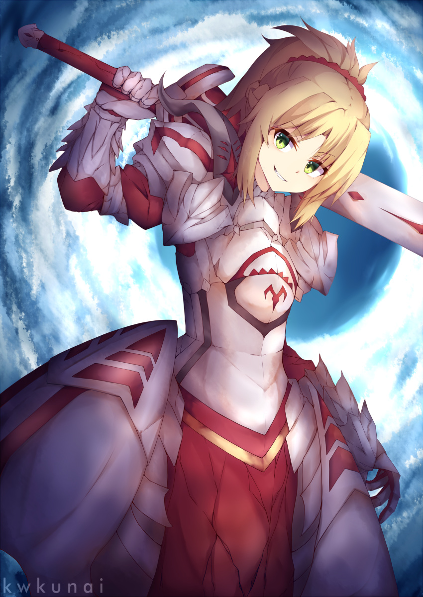 absurdres armor artist_name blonde_hair blush clarent dutch_angle eyebrows_visible_through_hair fate/apocrypha fate_(series) green_eyes highres holding holding_sword holding_weapon looking_at_viewer mordred_(fate) mordred_(fate)_(all) over_shoulder parted_lips ponytail rizalx short_hair short_ponytail smile solo sword sword_over_shoulder teeth watermark weapon weapon_over_shoulder