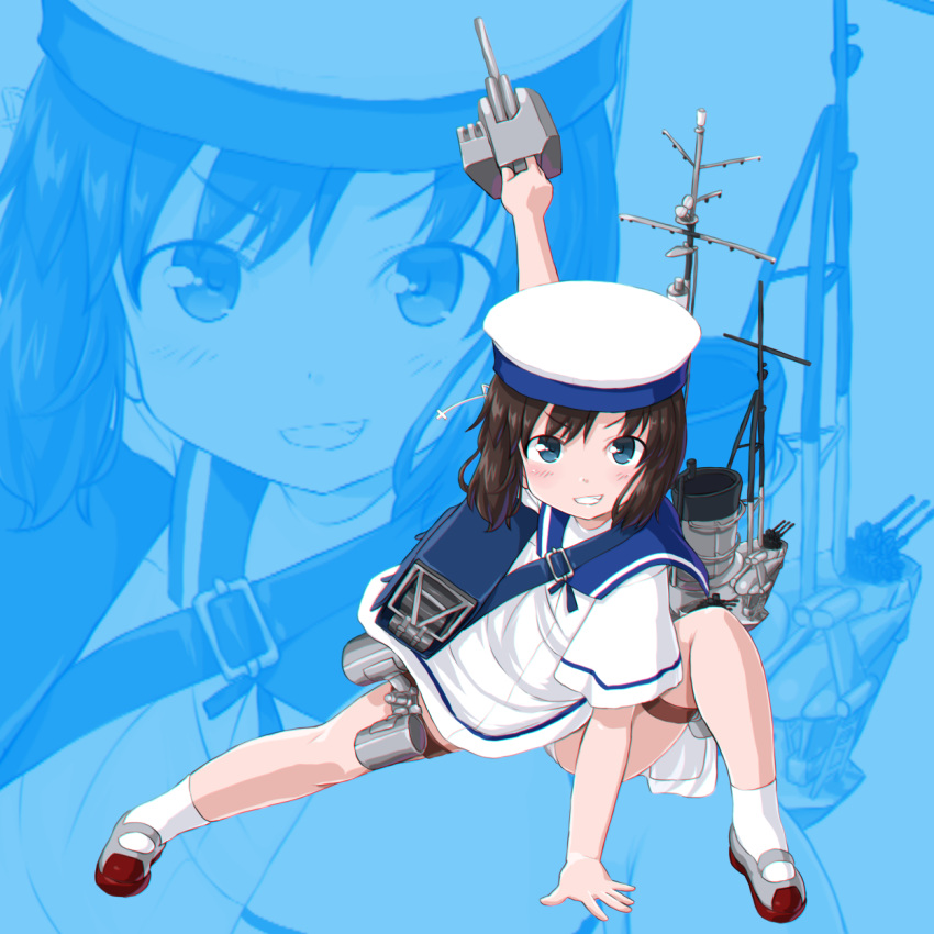 arm_up black_hair blue_background blue_eyes blue_sailor_collar cannon daitou_(kantai_collection) dd_(ijigendd) dress grin hat highres kantai_collection looking_at_viewer machinery mast pose rigging sailor_collar sailor_dress sailor_hat shoes short_hair short_sleeves smile smokestack solo turret uwabaki white_hat zoom_layer