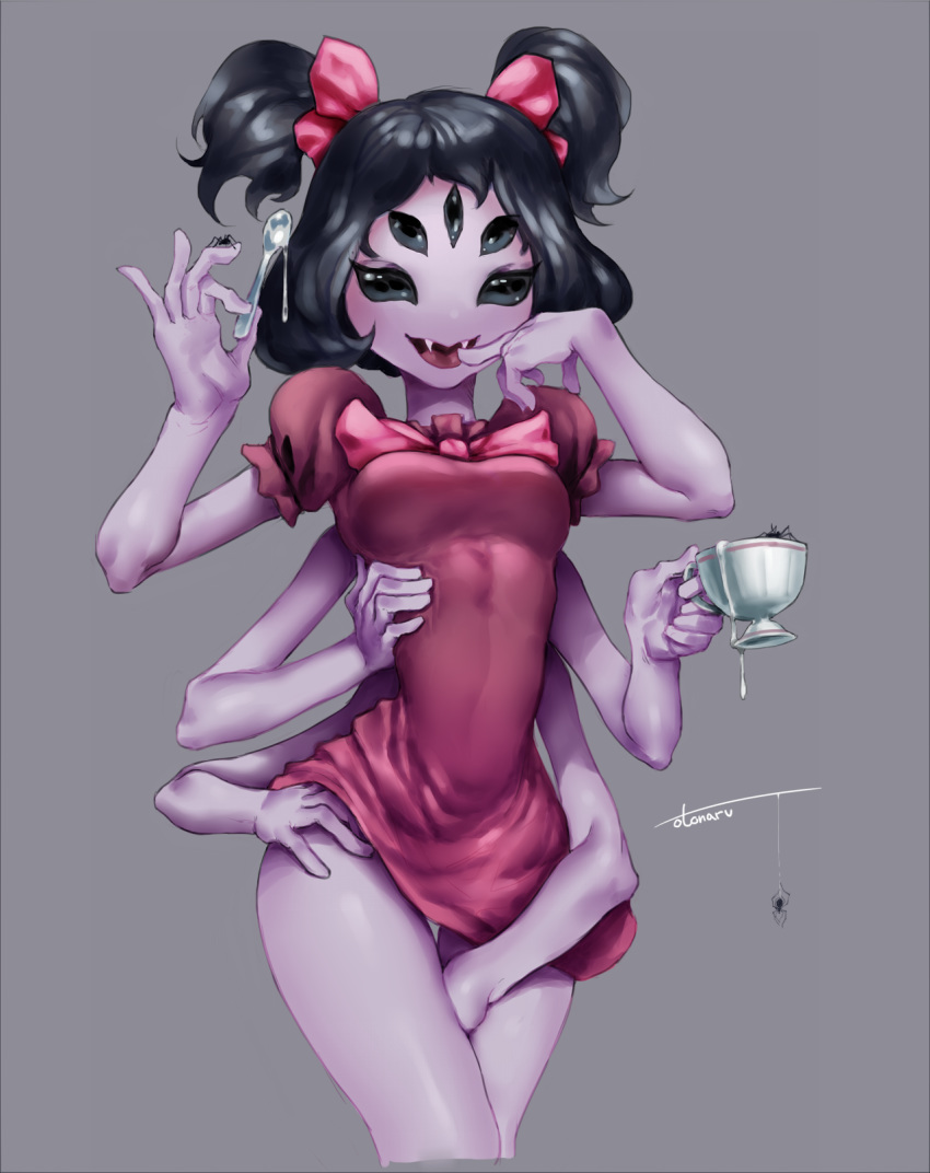 1girl 2018 arachnid arthropod between_legs black_hair bow breasts bug clothed clothing cowboy_shot cropped_legs cup dress dress_lift extra_eyes fangs female finger_to_mouth grey_background hair hair_ribbon hand_between_legs hi_res highres holding holding_cup holding_spoon humanoid insect_girl lifted_by_self looking_at_viewer monster_girl muffet multi_eye multi_limb multiple_arms open_mouth otonaru otonaru_(artist) puffy_short_sleeves puffy_sleeves purple_skin red_bow red_dress ribbons short_dress short_hair short_sleeves signature silk simple_background smile solo spider spider_girl spider_web spoon standing teacup two_side_up undertale video_games