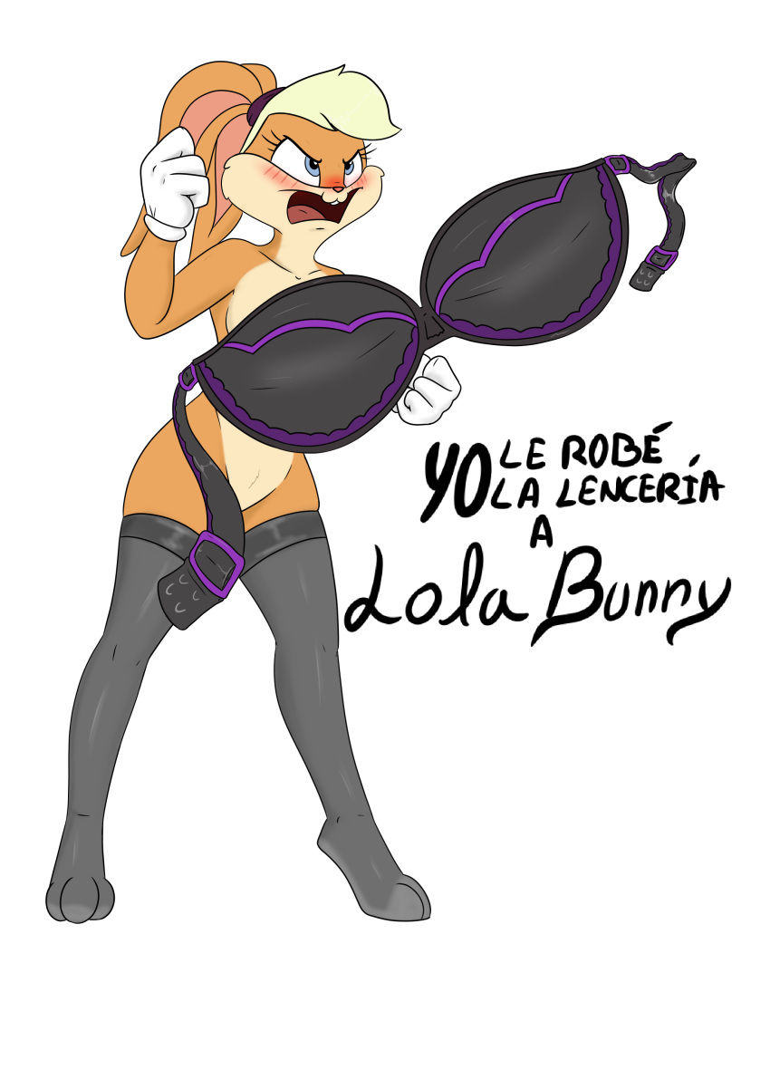 2018 angry anthro blonde_hair breasts censure clothing digital_media_(artwork) embarrasing female fur hair lagomorph legwear lingerie lola_bunny looney_tunes mammal nude open_mouth principericardo rabbit simple_background solo stockings text thigh_highs underwear warner_brothers