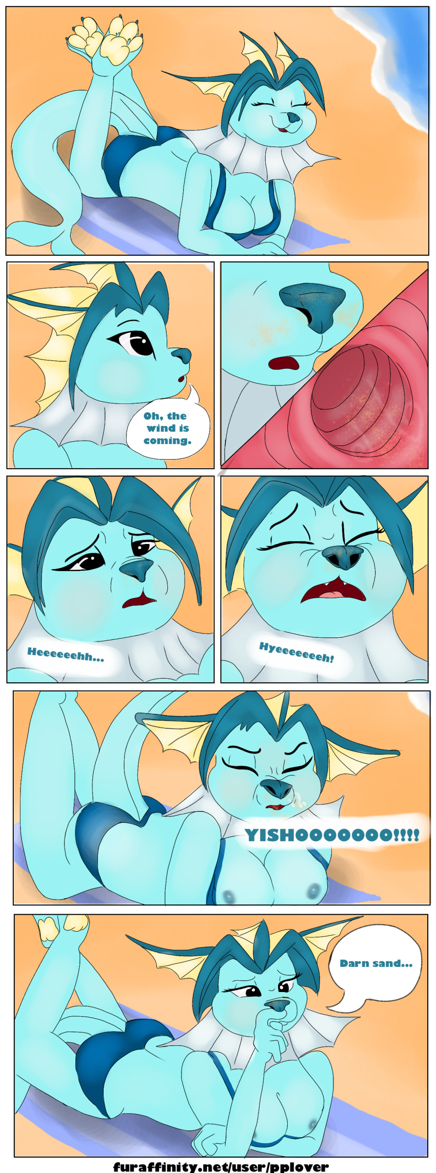 beach blue_nose blue_skin breasts clothing comic dialogue eeveelution exposed_breasts female internal marine nintendo paws pok&eacute;mon pok&eacute;mon_(species) pplover sand seaside sneeze sneezing snot solo swimsuit vaporeon video_games wardrobe_malfunction yellow_paws