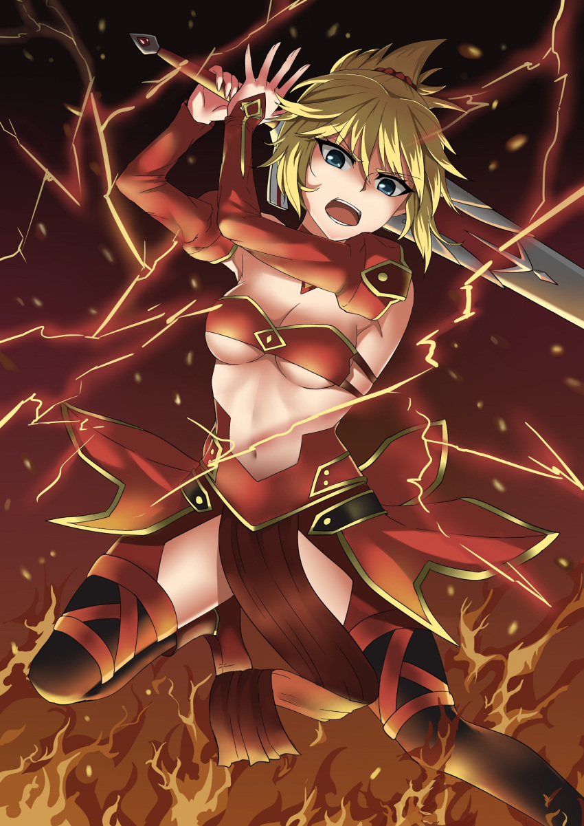 blonde_hair blue_eyes breasts clarent cleavage detached_sleeves fate/apocrypha fate_(series) highres lightning medium_breasts moon_(xul4eji6bp4) mordred_(fate) mordred_(fate)_(all) navel ponytail solo thighhighs