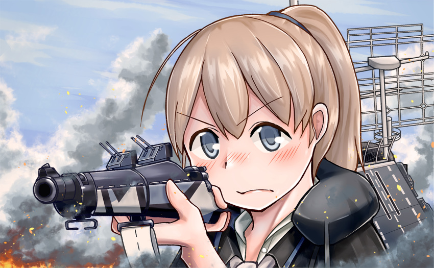 aiming bad_anatomy black_shirt blue_eyes brown_hair character_name cloud commentary day fire flight_deck intrepid_(kantai_collection) kantai_collection m1903_springfield neck_pillow owada_(kousonhuchi) ponytail shirt short_hair smoke solo upper_body white_neckwear