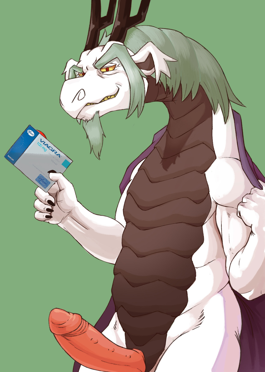 2018 5_fingers aged_up anthro antlers clothing dragon erection facial_hair fafnir fafnir_(little_witch_academia) front_view goatee green_background green_hair hair horn looking_at_viewer male mature_male nude penis presenting presenting_penis red_eyes seyrmo simple_background smile solo standing viagra white_skin