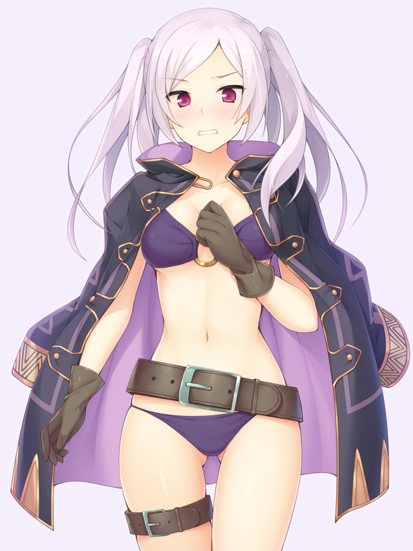 ass_visible_through_thighs belt belt_buckle bikini black_coat blush breasts brown_gloves buckle cleavage clenched_hand clenched_teeth coat cowboy_shot female_my_unit_(fire_emblem:_kakusei) fire_emblem fire_emblem:_kakusei fire_emblem_heroes forehead gimurei gloves hand_on_own_chest highres ihara_asta jacket_on_shoulders looking_at_viewer loose_belt medium_breasts my_unit_(fire_emblem:_kakusei) navel o-ring o-ring_bikini o-ring_top open_clothes open_coat open_mouth pink_eyes purple_background purple_bikini purple_hair solo standing stomach swimsuit teeth thigh_strap v-shaped_eyebrows