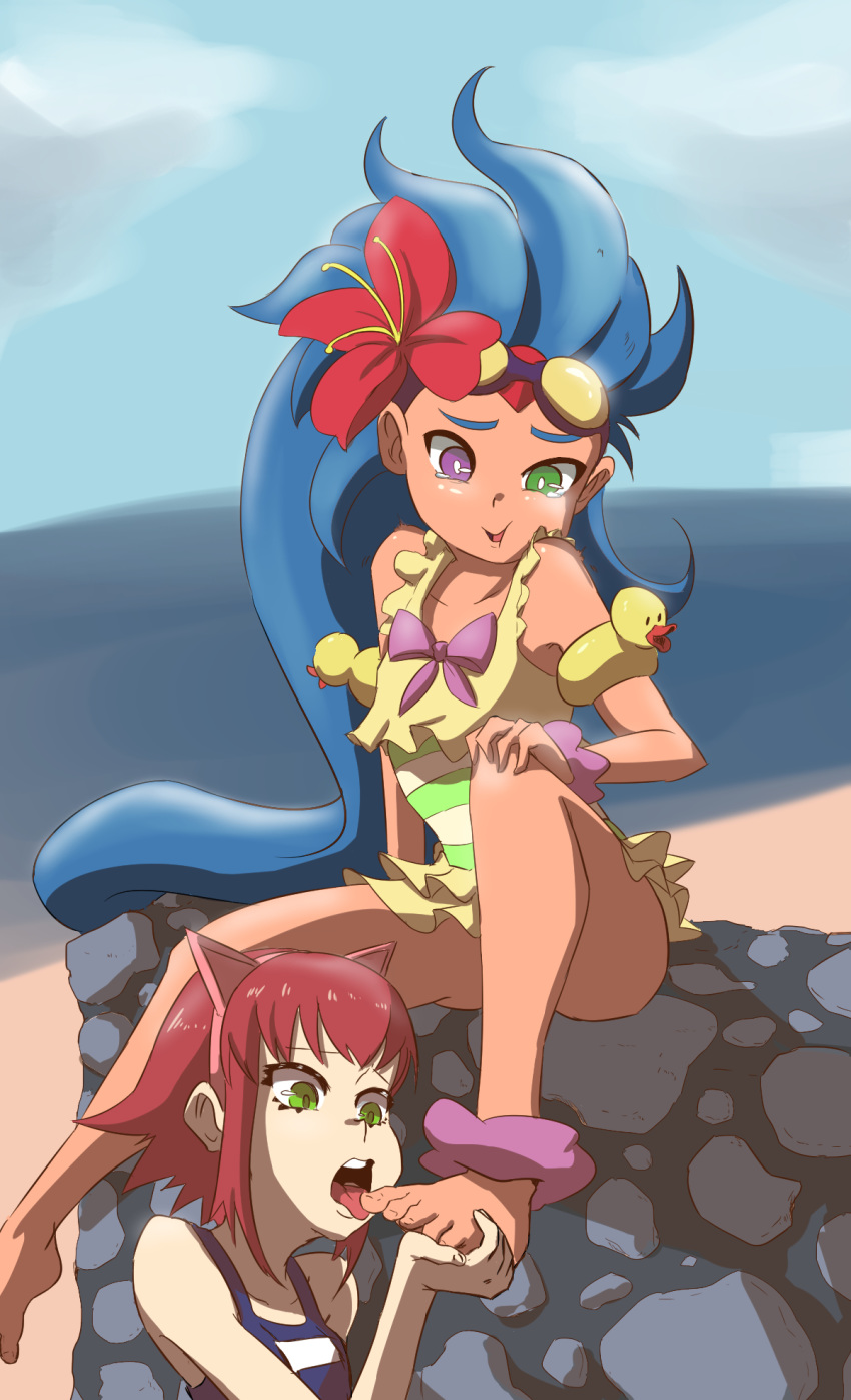 animal_ears annie_hastur barefoot blue_hair blue_sky breasts day fake_animal_ears feet flower foot_licking frilled_skirt frilled_swimsuit frills goggles goggles_on_head green_eyes hair_flower hair_ornament hairband heterochromia highres league_of_legends licking long_hair multiple_girls nipples open_mouth pool_party_zoe purple_eyes red_hair rubber_duck short_hair sitting skirt sky small_breasts smile swimsuit tan tanline tears tongue tongue_out ukaya_masaru very_long_hair zoe_(league_of_legends)