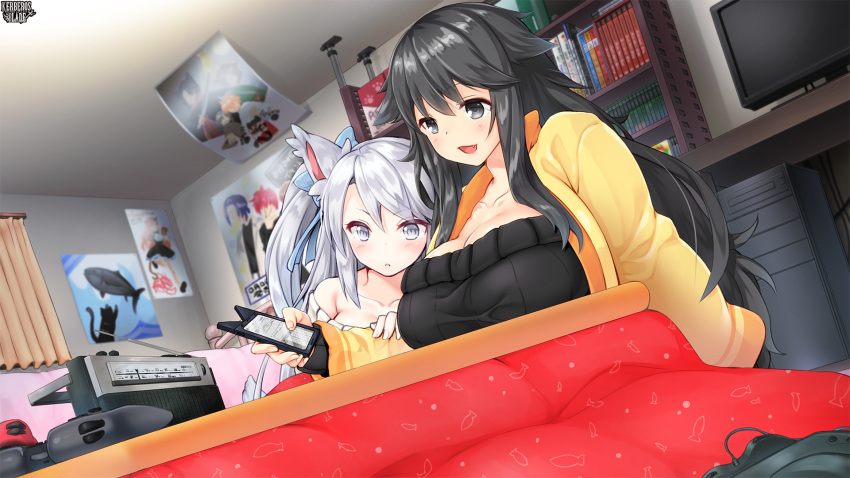 :3 animal_ears animal_print bed black_eyes blush breasts cellphone cleavage controller copyright_name curtains dutch_angle fang fish_print game_controller highres huge_breasts kerberos_blade kotatsu long_hair multiple_girls nekoyashiki_arare nekoyashiki_chimaki off-shoulder_sweater ozuka_suma phone phone_with_ears poster poster_(object) radio ribbed_sweater silver_eyes smartphone sweater table television very_long_hair