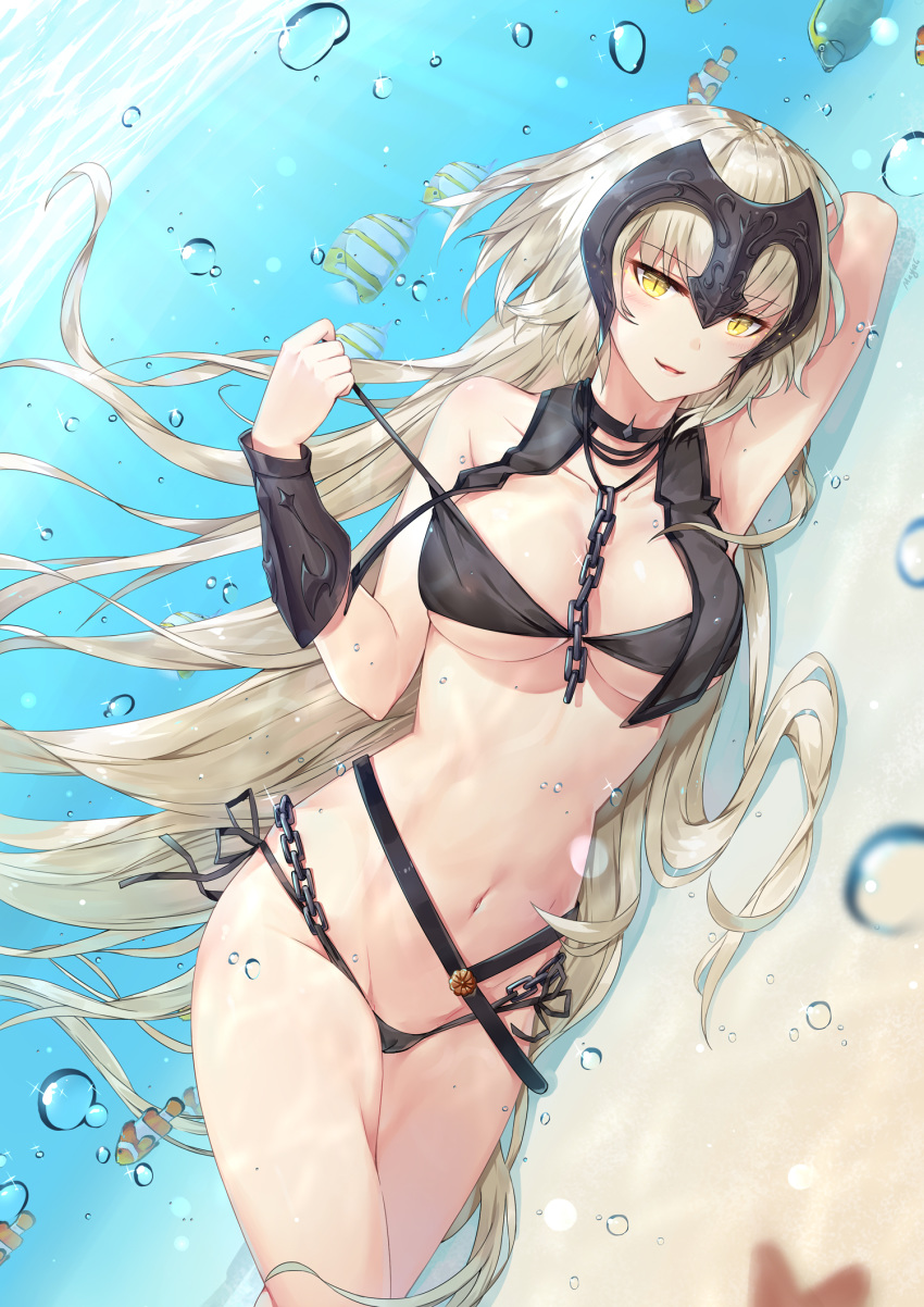 arm_pillow arm_up armpits bangs bare_shoulders bikini black_bikini blurry breasts bubble cameltoe chain clownfish collarbone commentary_request day depth_of_field eyebrows_visible_through_hair fate/grand_order fate_(series) fish floating_hair glint groin hand_up headpiece highres jeanne_d'arc_(alter)_(fate) jeanne_d'arc_(fate)_(all) large_breasts legs_together long_hair looking_at_viewer lying maya_g navel on_side parted_lips sand shiny shiny_hair side-tie_bikini signature silver_hair slit_pupils smile solo sparkle starfish stomach strap_pull sunlight swimsuit tsurime underwater vambraces very_long_hair yellow_eyes