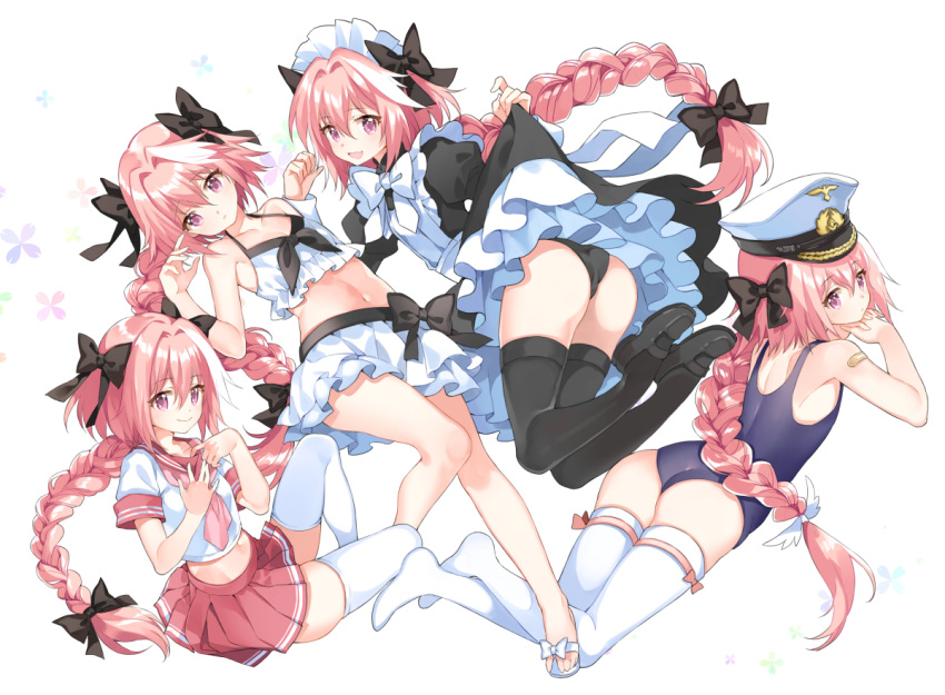 :d apron arm_behind_back armpits ass astolfo_(fate) bandaid_on_arm bangs bare_arms bare_legs bare_shoulders bikini bikini_skirt black_bow black_dress black_footwear black_legwear black_panties blue_swimsuit blush bow bow_bikini bow_legwear braid bulge casual_one-piece_swimsuit chin_rest closed_mouth collarbone commentary_request crop_top crossed_ankles dot_nose dress dress_bow dress_lift expressionless eyebrows_visible_through_hair fang fate/apocrypha fate/grand_order fate_(series) flat_chest flip-flops floral_background frilled_apron frilled_bikini frills from_behind from_side front-tie_top frown hair_between_eyes hair_bow hair_intakes hand_up hands_up hat interlocked_fingers invisible_chair juliet_sleeves knee_up knees_together_feet_apart large_bow legs_up lifted_by_self long_hair long_sleeves looking_at_viewer looking_back looking_to_the_side lying maid maid_apron maid_headdress male_focus mary_janes miniskirt multicolored_hair multiple_views navel neckerchief no_shoes on_back on_stomach one-piece_swimsuit open_mouth otoko_no_ko panties parted_bangs partial_commentary peaked_cap petticoat pink_bow pink_hair pink_neckwear pleated_skirt puffy_sleeves purple_eyes red_sailor_collar red_skirt sailor_collar sandals school_uniform serafuku shiny shiny_hair shiosoda shirt shoe_bow shoes short_sleeves simple_background single_braid sitting skindentation skirt sleeve_cuffs smile stomach streaked_hair swimsuit thighhighs two-tone_hair underwear very_long_hair white_apron white_background white_bikini white_bow white_footwear white_hair white_hat white_legwear white_shirt zettai_ryouiki