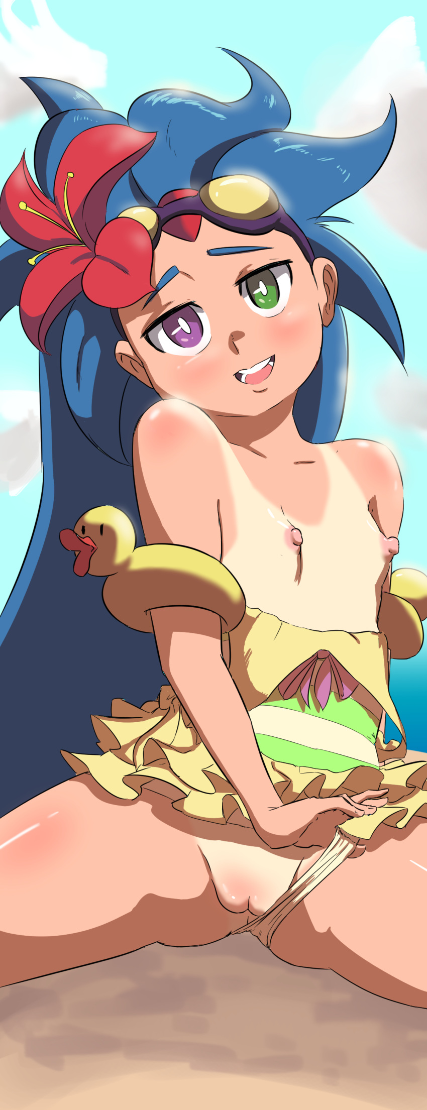 absurdres blue_hair blue_sky breasts bush commentary day flower frilled_skirt frilled_swimsuit frills goggles goggles_on_head green_eyes hair_flower hair_ornament heterochromia highres league_of_legends long_hair looking_at_viewer nipples open_mouth pool_party_zoe purple_eyes pussy rubber_duck skirt sky small_breasts smile swimsuit swimsuit_aside tan tanline ukaya_masaru uncensored zoe_(league_of_legends)