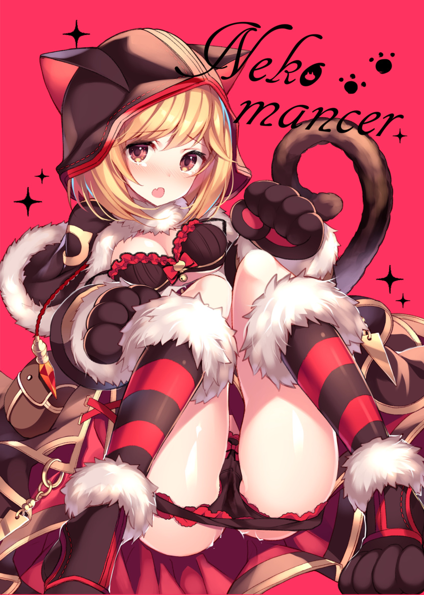 animal_ears animal_hood bangs bell black_bra black_panties blonde_hair blush bow bow_bra bow_panties bra breasts brown_eyes capelet cat_ears cat_paws cat_tail cleavage cosplay djeeta_(granblue_fantasy) eyebrows_visible_through_hair fang frilled_bra frilled_panties frills fur_trim gloves granblue_fantasy highres homaderi hood hood_up jingle_bell kneehighs knees_together_feet_apart knights_of_glory kuronekodoushi kuronekodoushi_(cosplay) lace lace-trimmed_bra lace-trimmed_panties looking_at_viewer medium_breasts open_mouth panties panty_pull paw_gloves paws pouch pussy_juice red_background ribbon short_hair simple_background socks solo sparkle striped striped_legwear tail tears underwear