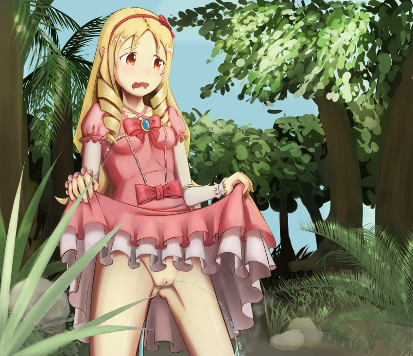 1girl blonde_hair bow breasts collarbone dress dress_lift drill_hair eromanga_sensei gluteal_fold grass legs_apart lifted_by_self long_sleeves looking_down no_panties open_mouth outdoors pink_dress pink_sleeves plant pointy_ears pussy red_bow rock small_breasts standing tree twin_drills uncensored yamada_elf
