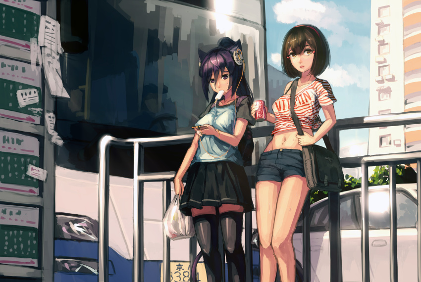 absurdres animal_ears black_legwear breasts brown_eyes brown_hair can car cellphone cityscape commentary_request food ground_vehicle headphones highres holding holding_can ice_cream looking_at_phone lumian medium_breasts motor_vehicle multiple_girls navel original phone ponytail purple_eyes shirt short_hair shorts skirt standing striped striped_shirt sweat t-shirt thighhighs