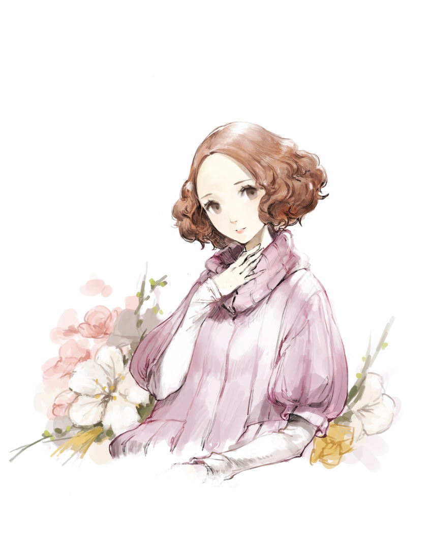 absurdres baiguiyu brown_eyes brown_hair commentary_request curly_hair flower forehead hand_on_own_neck hand_up highres layered_sleeves light_smile long_sleeves looking_at_viewer okumura_haru pale_color persona persona_5 pink_sweater ribbed_sweater short_hair simple_background sketch solo sweater turtleneck turtleneck_sweater upper_body white_background