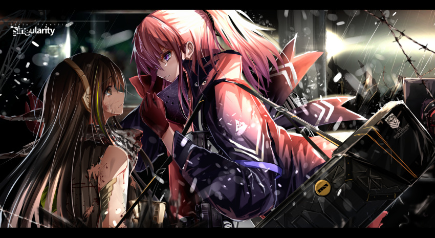 ar-15 armband armor assault_rifle bangs barbed_wire black_gloves black_hair blood blood_on_face blue_eyes brown_eyes brown_hair commentary_request crying damaged deep_wound eyebrows_visible_through_hair girls_frontline gloves gun haguruma_(hagurumali) hair_ornament headphones highres holding holding_gun holding_weapon injury jacket light_particles lights long_hair looking_at_another m4_carbine m4a1_(girls_frontline) mod3_(girls_frontline) multicolored_hair multiple_girls night one_side_up parted_lips pink_hair revision ribbed_shirt rifle ruins scarf shirt sidelocks snow snowing st_ar-15_(girls_frontline) strap streaked_hair tears torn_clothes weapon weapon_case