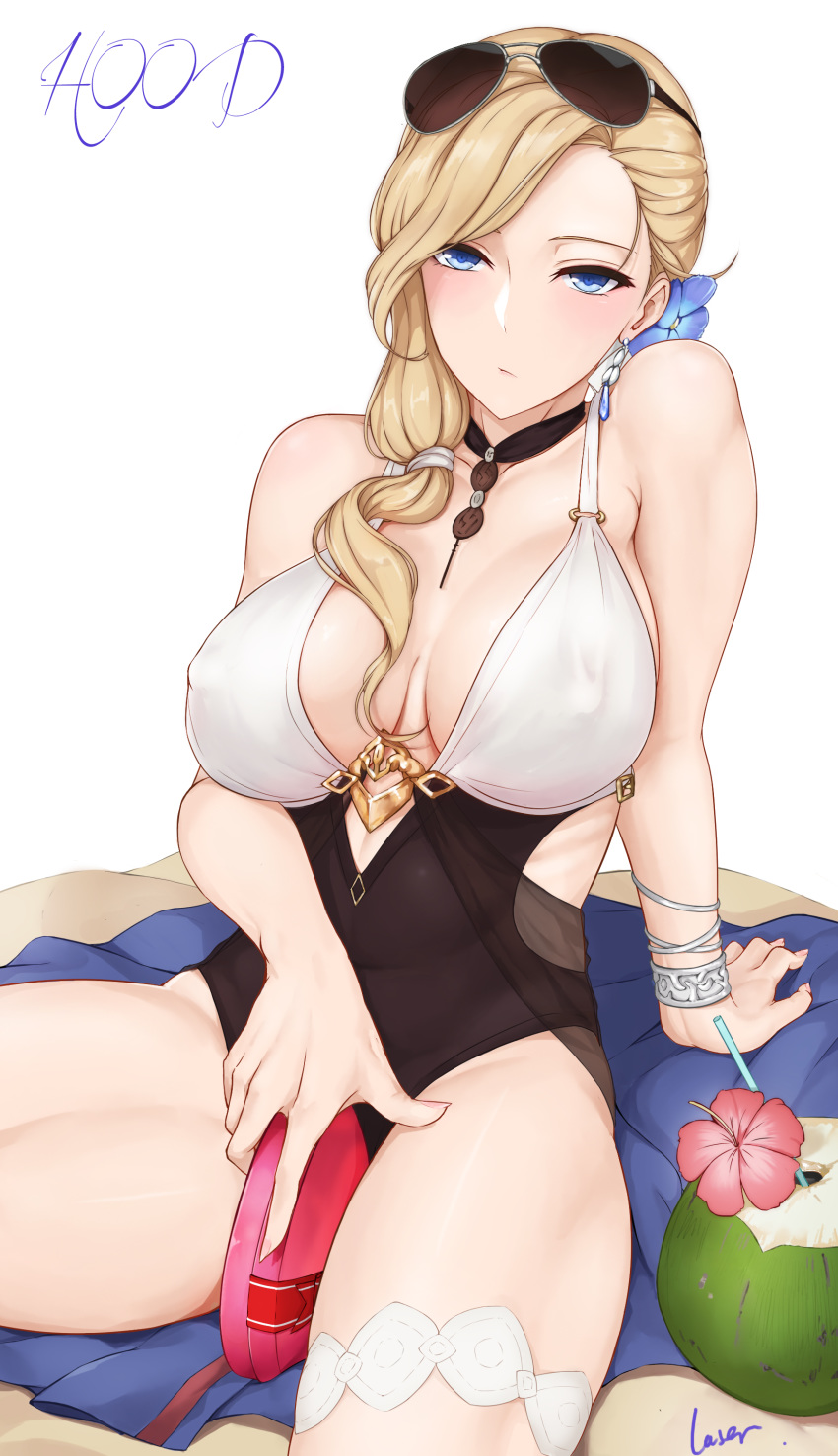absurdres arm_support azur_lane bangs bare_shoulders between_legs black_swimsuit blonde_hair blue_eyes blue_flower blush box bracelet breasts breasts_apart casual_one-piece_swimsuit character_name chinese_commentary closed_mouth coconut collarbone commentary_request covered_navel covered_nipples drinking_straw earrings expressionless eyewear_on_head fingernails flower fruit_cup hair_flower hair_ornament hair_over_shoulder hair_tie half-closed_eyes head_tilt heart-shaped_box hibiscus highres hood_(azur_lane) jewelry large_breasts long_hair looking_at_viewer one-piece_swimsuit pink_flower rosaline shiny shiny_hair signature simple_background sitting solo sunglasses swimsuit thigh_strap thighs white_background