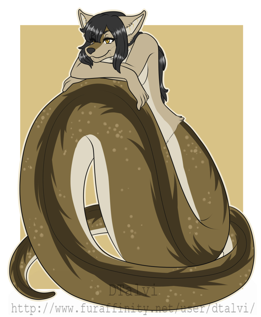 anthro breasts canine dtalvi female hair hi_res hybrid mammal naga nude reptile scales scalie simple_background smile snake solo