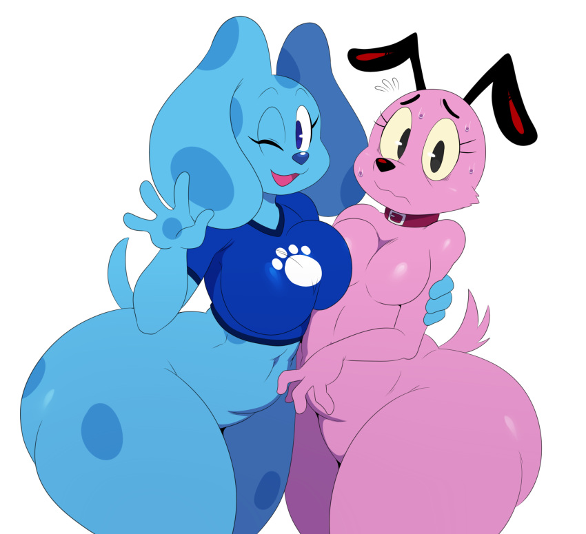 2018 anthro big_breasts big_butt blue's_clues blue_(blue's_clues) bottomless breasts butt canine cartoon_network clothed clothing collar courage courage_the_cowardly_dog crossgender crossover digital_media_(artwork) dog duo eyelashes featureless_breasts female hi_res huge_butt huge_thighs looking_at_viewer mammal one_eye_closed open_mouth shirt simple_background sssonic2 thick_thighs waving white_background wink