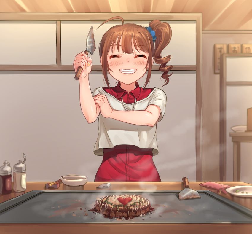 =_= ^_^ ahoge blush closed_eyes collared_shirt cooking drill_hair eyebrows_visible_through_hair facing_viewer food griddle grin hand_on_own_arm heart idolmaster idolmaster_million_live! indoors kamille_(vcx68) nail_polish okonomiyaki parted_lips plate red_shirt shirt short_hair side_drill smile solo spatula steam teeth yellow_nails yokoyama_nao