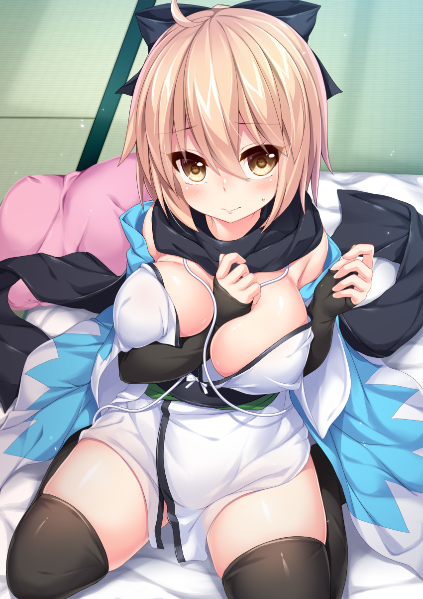 absurdres ahoge black_gloves black_legwear black_scarf blonde_hair breasts elbow_gloves fate_(series) fingerless_gloves futon gloves haori highres japanese_clothes kimono koha-ace large_breasts looking_at_viewer obi off_shoulder okita_souji_(fate) okita_souji_(fate)_(all) pillow sash scarf seiza shinsengumi short_kimono sitting sleeveless sleeveless_kimono solo tatami thighhighs wakagi_repa white_kimono yellow_eyes