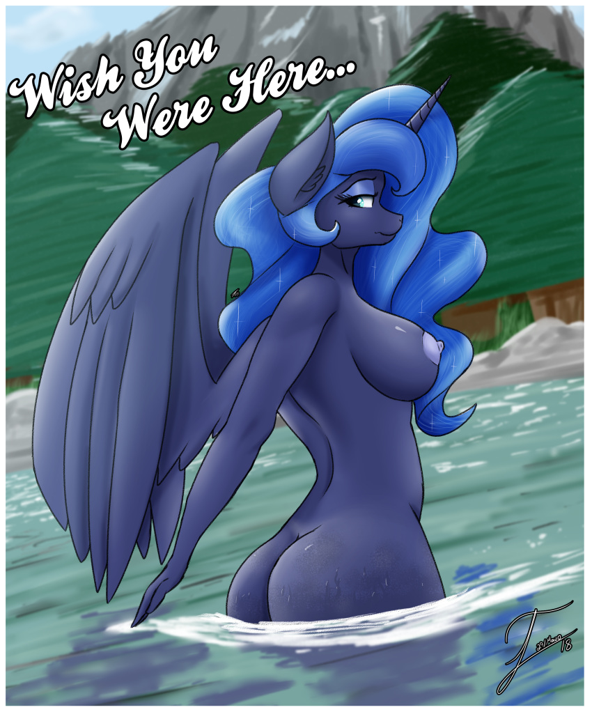 anthro anthrofied areola big_breasts body_hair breasts butt equine female friendship_is_magic hair horn long_hair looking_at_viewer looking_back mammal my_little_pony nipples partially_submerged pegasus princess_luna_(mlp) text trentgt unicorn wet wide_hips wings