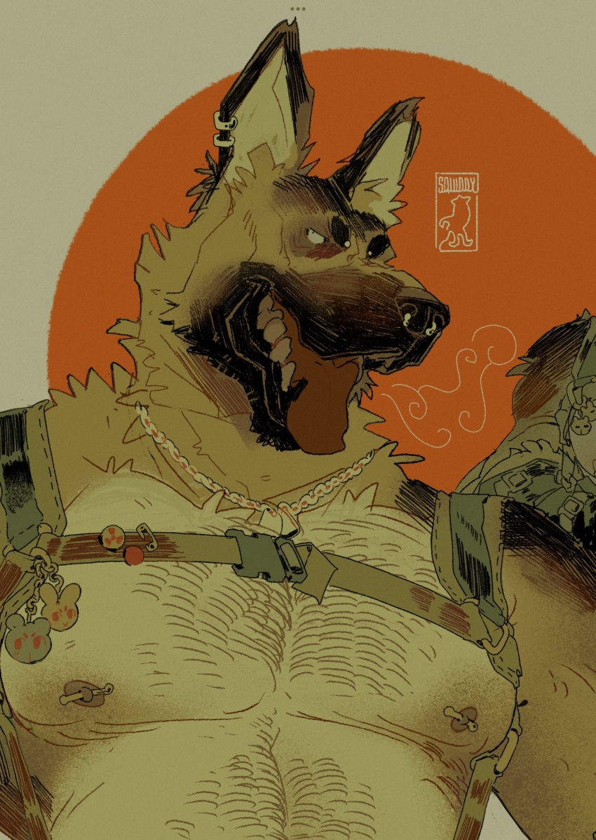 1boy animal_ear_piercing animal_ears animal_nose artist_logo bara barbell_piercing big_squid_man chain_necklace chest_hair circle dog_boy dog_ears dog_tags film_grain furry furry_male german_shepherd harness hatching_(texture) highres jewelry knockout_(big_squid_man) limited_palette linear_hatching looking_to_the_side male_focus muscular muscular_male necklace nipple_piercing nose_piercing open_mouth original pectorals piercing rabbit_ornament sepia_background simple_background snap-fit_buckle snout solo teeth tongue tongue_out upper_body variant_set