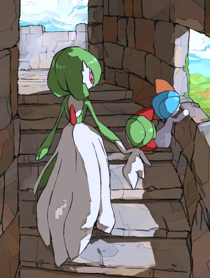 alternate_color animal_focus aomon_(yuuji7604) blue_sky brick_wall cloud colored_skin commentary_request evolutionary_line gardevoir green_hair highres no_humans pokemon pokemon_(creature) ralts red_eyes shiny_pokemon sky stairs white_skin