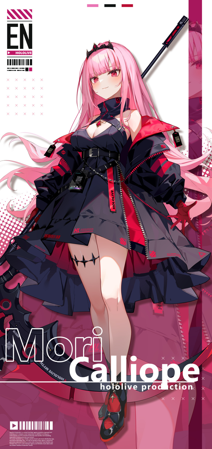 1girl absurdres alternate_costume black_dress black_footwear blue_jacket blunt_bangs blush blush_stickers character_name cleavage_cutout closed_mouth clothing_cutout copyright_name dress full_body gloves high_heels highres holding holding_scythe hololive hololive_english ishihara_(kuniyoshi) jacket long_hair looking_at_viewer mori_calliope pink_eyes pink_hair pleated_dress pumps red_gloves scythe short_dress smile solo straight_hair thighlet tiara two-sided_fabric two-sided_jacket virtual_youtuber