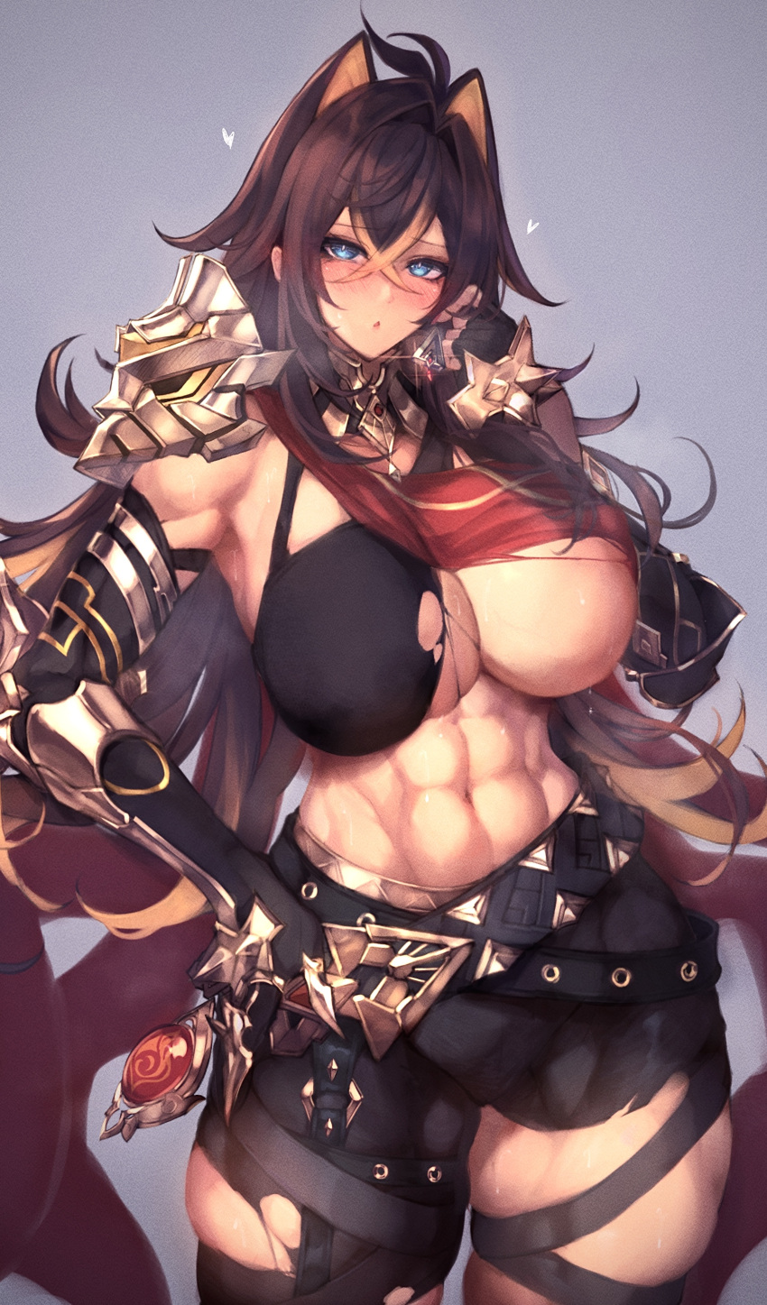 1girl :o abs absurdres alna_(mu5fal) arm_armor asymmetrical_clothes belt black_belt black_gloves black_hair black_pants blonde_hair blue_eyes blush breasts claw_ring cleavage covered_nipples criss-cross_halter crossed_bangs crossed_belts dangle_earrings dark-skinned_female dark_skin dehya_(genshin_impact) earrings elbow_gloves finger_to_own_chin fingerless_gloves genshin_impact gloves gold_choker hair_between_eyes hair_ears hair_intakes halterneck hand_on_own_hip heart highres jewelry large_breasts long_hair looking_at_viewer multicolored_hair multiple_thigh_straps muscular muscular_female nail_polish navel pants parted_lips red_nails single_earring single_fingerless_glove single_pantsleg skindentation solo spiked_knuckles steaming_body streaked_hair sweat thick_thighs thigh_strap thighs torn_clothes torn_pants two-tone_hair underboob very_long_hair vision_(genshin_impact) yellow_pupils