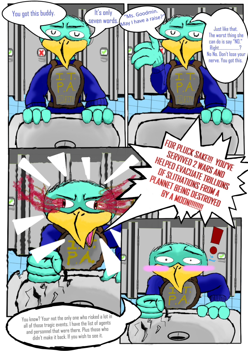 absurd_res angry anthro armor armor_plates avian bathroom beak bird blush clothed clothing comic comic_panel dialogue digital_media_(artwork) english_text fan_character feathers flyair hi_res looking_at_viewer male mirror mirror_reflection muscular open_mouth p0tmanfur20 public_restroom reflection restroom_stall scared self_praise simple_background solo speech_bubble text topwear uniform