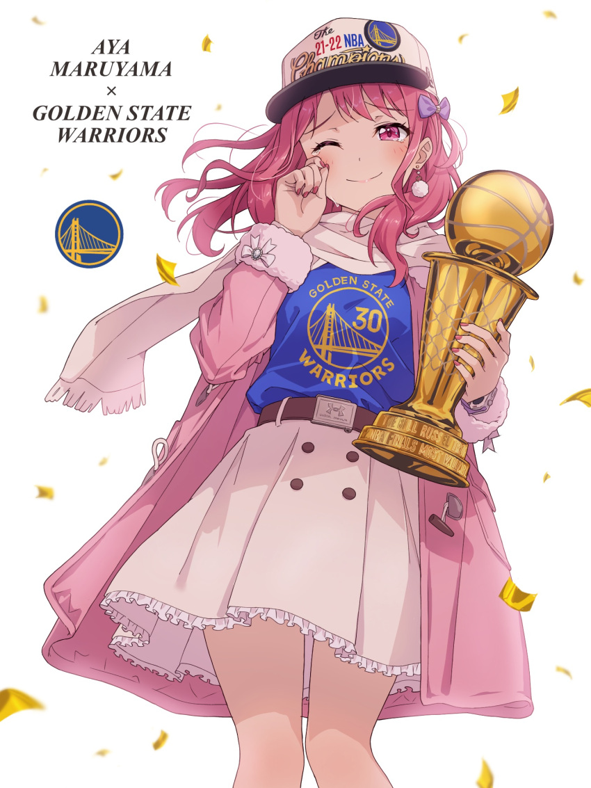 1girl bang_dream! belt belt_buckle bill_russell_nba_finals_mvp_trophy bow brown_belt buckle character_name closed_mouth coat confetti crying earrings floating_hair fur-trimmed_sleeves fur_trim golden_state_warriors hair_bow hat highres holding holding_trophy jewelry light_smile long_hair long_sleeves looking_at_viewer maruyama_aya national_basketball_association one_eye_closed open_clothes open_coat petticoat pink_coat pink_eyes pink_hair pink_skirt purple_bow raised_eyebrows scarf skirt solo tears thighs yazawa_happyaro