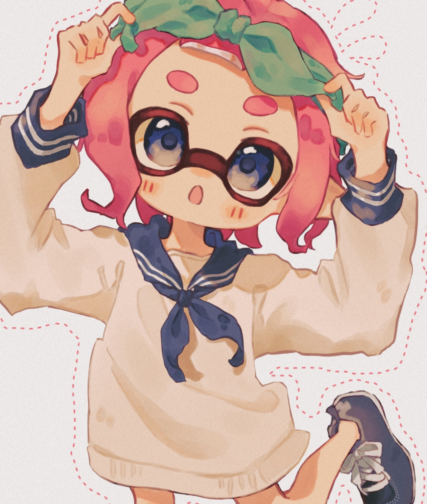 1girl :o blue_eyes blue_hairband commentary dotted_line hairband highres inkling inkling_girl ochocho2828 oversized_clothes oversized_shirt pink_hair pointy_ears sailor_collar sailor_shirt shirt short_hair simple_background solo splatoon_(series) splatoon_3 tentacle_hair white_background