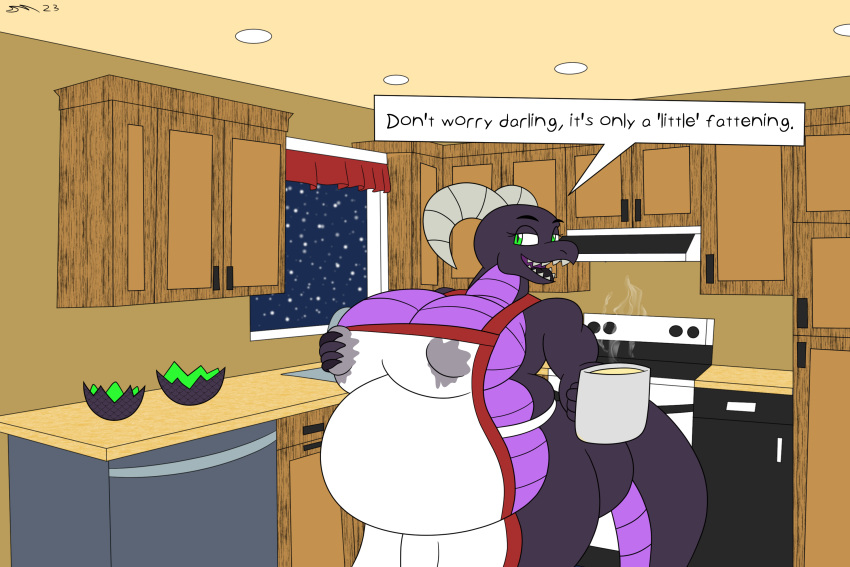 apron beverage big_breasts big_butt black_body black_skin bodily_fluids breasts butt clothing dirtymac dragon eggnog eggshell green_eyes hi_res horn huge_breasts huge_butt huge_thighs intersex lactating overweight purple_underbelly slightly_chubby thick_thighs