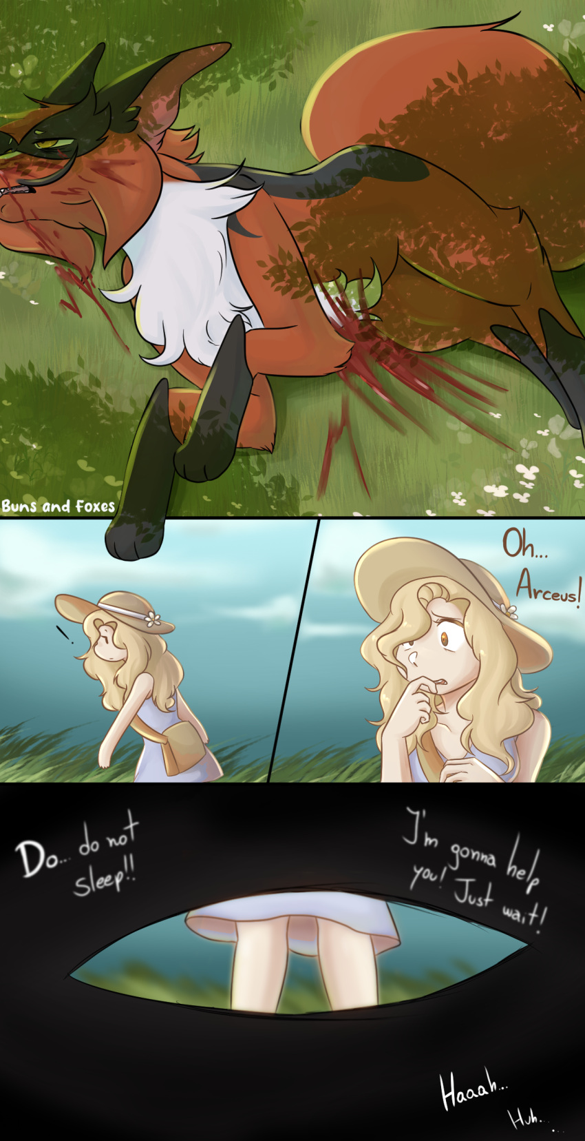 blonde_hair blood bodily_fluids clothing comic comic_panel dying female feral fluffy_chest generation_8_pokemon grass hair hat headgear headwear hi_res human lying macchiato_fox male mammal nintendo on_side open_field paws plant pokemon pokemon_(species) reynald_(buns_and_foxes) scared_expression sky thievul