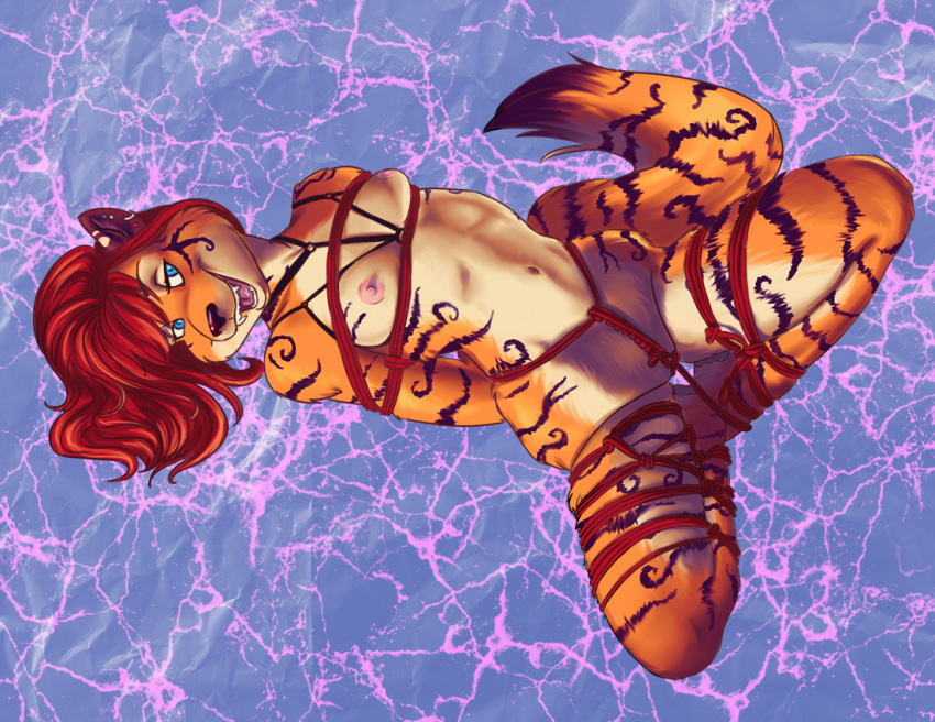 2018 anthro bdsm bondage bound breasts digital_media_(artwork) feline female fur hair lizebra mammal nikara nipples nude open_mouth orange_fur red_hair rope rope_bondage rope_harness simple_background smile solo teeth tiger tongue