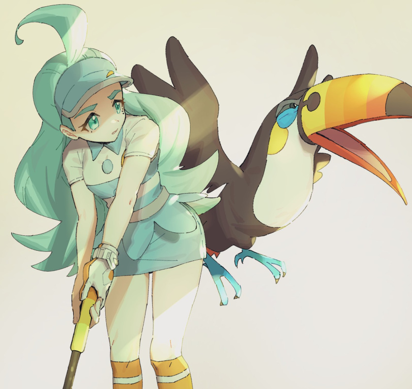 1girl ankea_(a-ramo-do) bird blue_eyes blue_hair blue_headwear blue_shirt blue_skirt buttons collared_shirt flipped_hair golf_club highres holding holding_golf_club kahili_(pokemon) kneehighs light_blue_hair long_hair mole mole_under_eye orange_socks pokemon pokemon_(creature) pokemon_sm shirt short_sleeves skirt socks striped striped_shirt toucan toucannon visor_cap white_shirt z-crystal z-ring