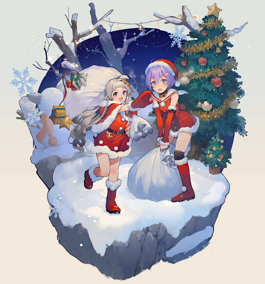 2girls a.i._voice ahoge alternate_costume bare_tree bell belt black_belt black_socks blue_eyes blunt_bangs blush bob_cut boots capelet carrying_over_shoulder character_snowman christmas christmas_lights christmas_ornaments christmas_present christmas_tree commentary_request crossed_bangs detached_sleeves dress faux_figurine floating_hair fur-trimmed_capelet fur-trimmed_dress fur-trimmed_footwear fur-trimmed_headwear fur-trimmed_mittens fur_trim gift glint grey_hair hair_ornament hairclip hat highres holding holding_sack hood hood_down hooded_capelet kizuna_akari kizuna_akari_(tsubomi) knee_boots long_hair looking_at_viewer mittens multiple_girls neck_bell night open_mouth outdoors outstretched_arm over-kneehighs purple_eyes purple_hair red_capelet red_dress red_footwear red_mittens sack santa_costume santa_dress santa_hat shirinda_fureiru short_dress short_hair sleeveless sleeveless_dress smile snow snowflakes snowing socks sparkle sparkle_hair_ornament standing standing_on_one_leg sweatdrop thighhighs tree voiceroid yuzuki_yukari yuzuki_yukari_(shizuku)