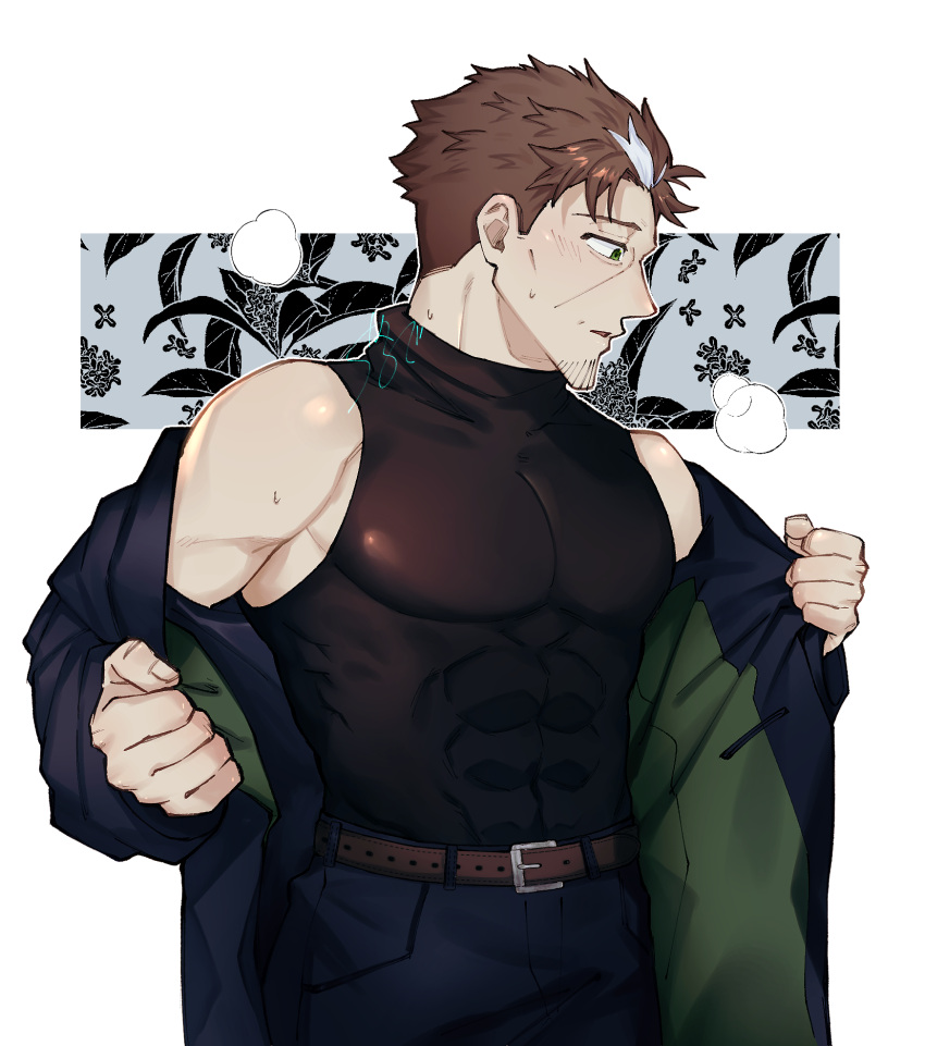 1boy bara belt beryl_gardernant black_jacket black_pants black_shirt blazer brown_belt brown_hair closed_mouth collarbone covered_abs facial_hair formal goatee green_eyes hands_in_pockets highres indietro_verde jacket katainaka_no_ossan_kensei_ni_naru looking_to_the_side male_focus mature_male multicolored_hair muscular muscular_male open_clothes open_jacket pants pectorals removing_jacket shirt sidepec simple_background sleeveless solo steaming_body stubble suit turtleneck two-tone_hair white_hair