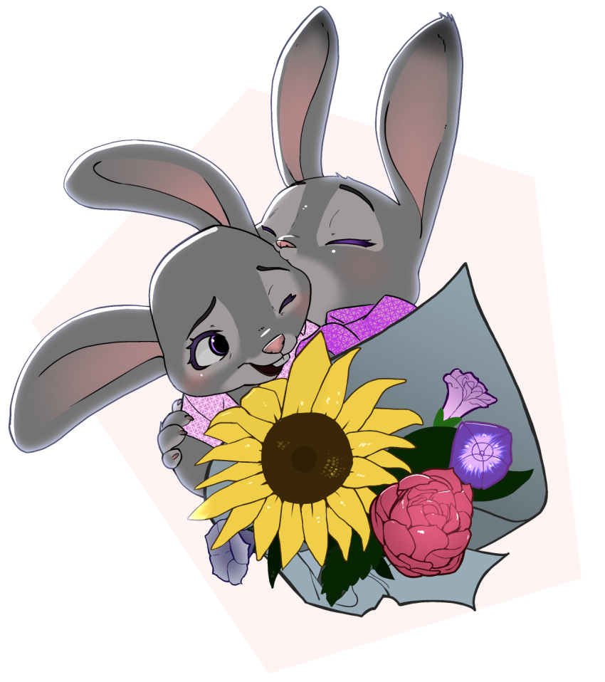 2023 4_fingers abstract_background alpha_channel anthro blush bonnie_hopps bouquet buckteeth ciwi clothing daughter_(lore) dipstick_ears disney embrace female fingers flower flower_bouquet hi_res holidays judy_hopps kissing_head lagomorph leporid mammal mother's_day mother_(lore) mother_and_child_(lore) mother_and_daughter_(lore) multicolored_ears one_eye_closed parent_(lore) parent_and_child_(lore) parent_and_daughter_(lore) plant purple_eyes rabbit rose_(flower) shirt sunflower teeth topwear zootopia