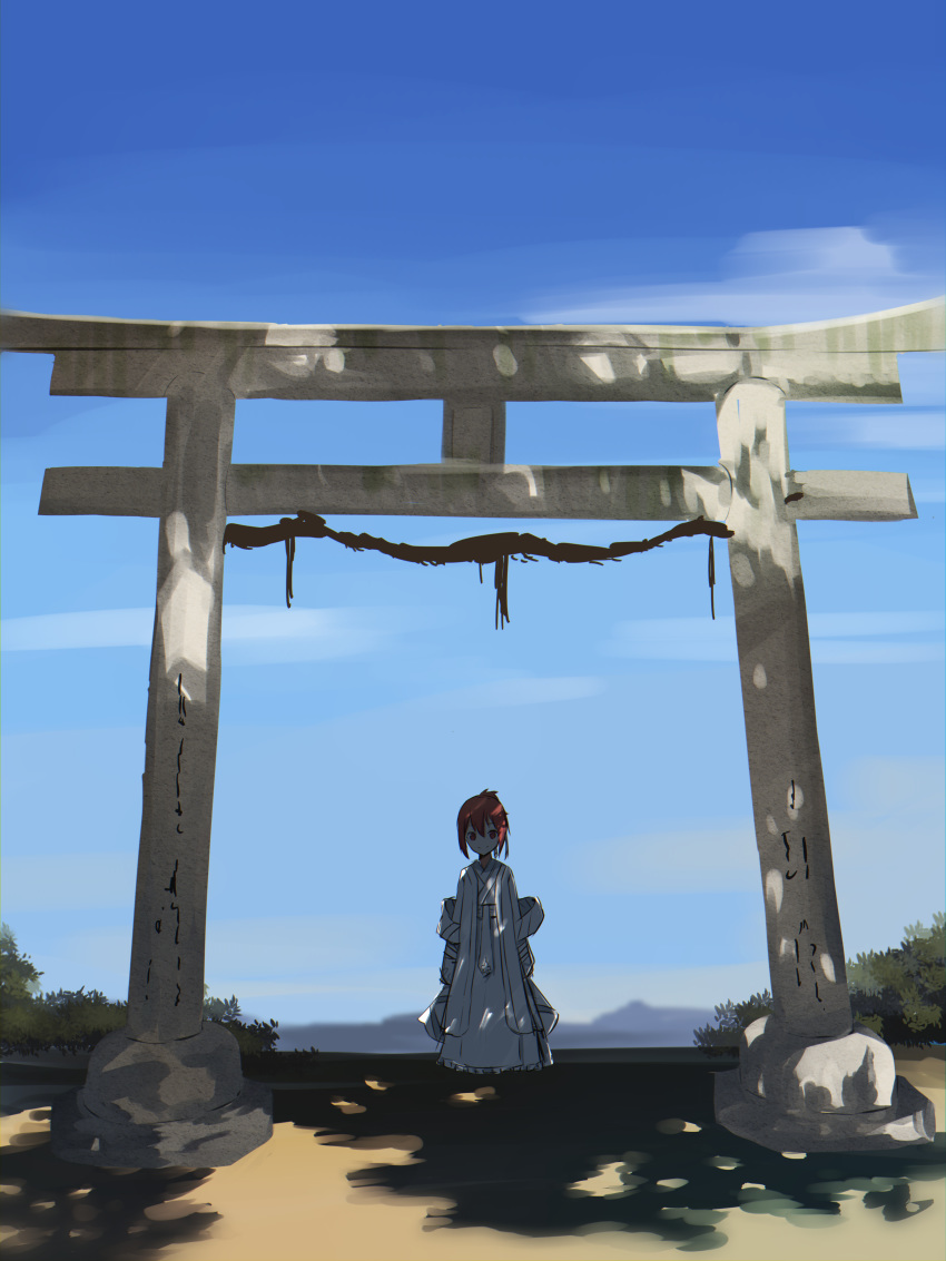 absurdres bush closed_mouth cloud commentary_request day hair_between_eyes hair_ribbon head_tilt highres japanese_clothes looking_at_viewer miko nazuna_(nazuna_a2) outdoors red_eyes red_hair ribbon shade short_hair sketch sky smile solo standing striped striped_ribbon torii white_ribbon yuuki_yuuna yuuki_yuuna_wa_yuusha_de_aru yuusha_de_aru