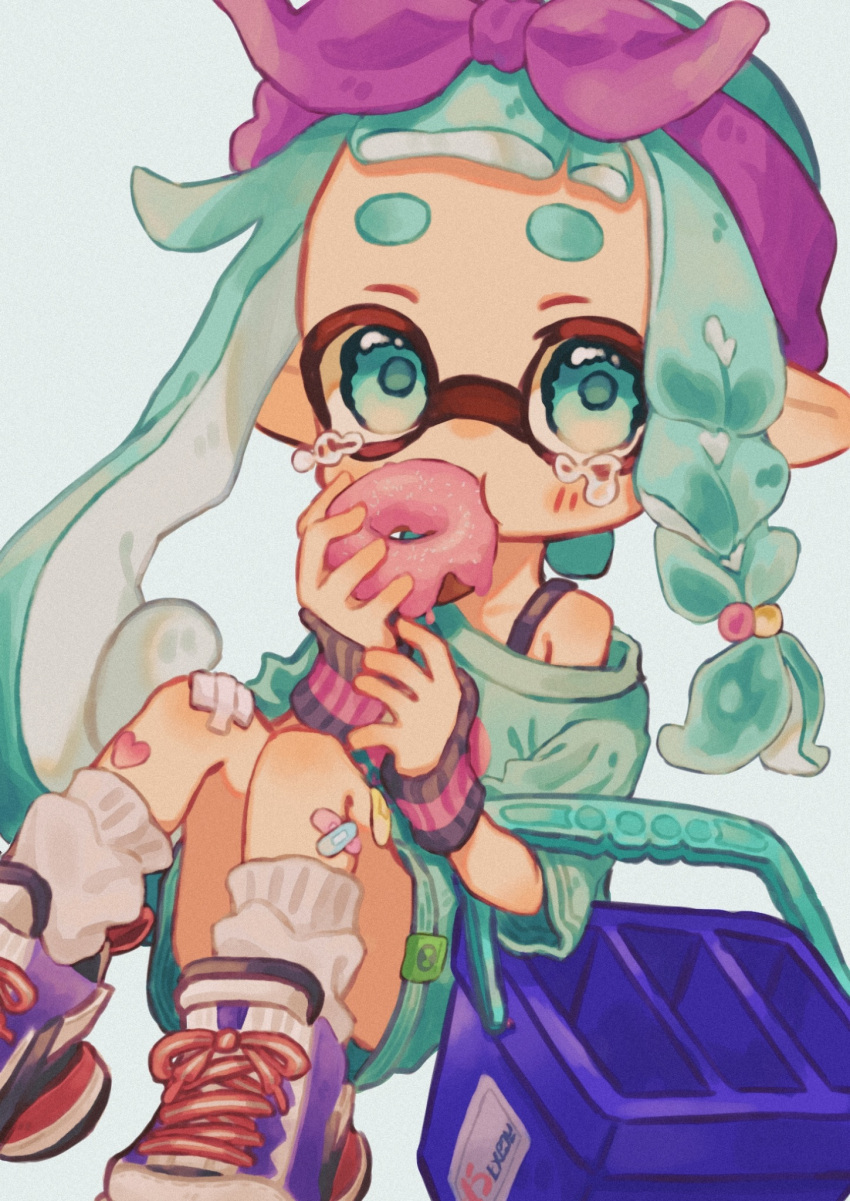 1girl aqua_eyes aqua_hair bandaid bandaid_on_leg braid commentary doughnut eating food full_body hairband highres inkling inkling_girl long_hair ochocho2828 pink_hairband pointy_ears simple_background single_bare_shoulder socks solo splatoon_(series) splatoon_3 tears tentacle_hair tri-slosher_(splatoon) white_background white_socks