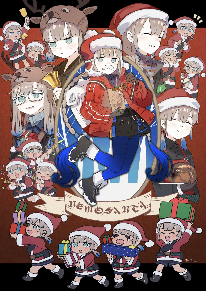 2girls 2others 6+boys antlers apron baker_nemo_(fate) bell black_shirt blonde_hair blue_hair box braid christmas closed_eyes collared_shirt confetti dress_shirt engineer_nemo_(fate) facial_hair fate/grand_order fate_(series) food fur-trimmed_headwear fur_hat fur_trim gift gift_box glasses gradient_hair green_eyes grin hair_ribbon hat highres holding holding_party_popper holding_spoon low-tied_sidelocks low_twin_braids low_twintails marine_nemo_(fate) multicolored_hair multiple_boys multiple_girls multiple_others mustache nemo_(fate) party_popper professor_nemo_(fate) red_headwear reindeer_hat ribbon santa_costume santa_hat shirt simple_background single_braid smile spoon tetsu_(teppei) turkey_(food) twin_braids twintails ushanka
