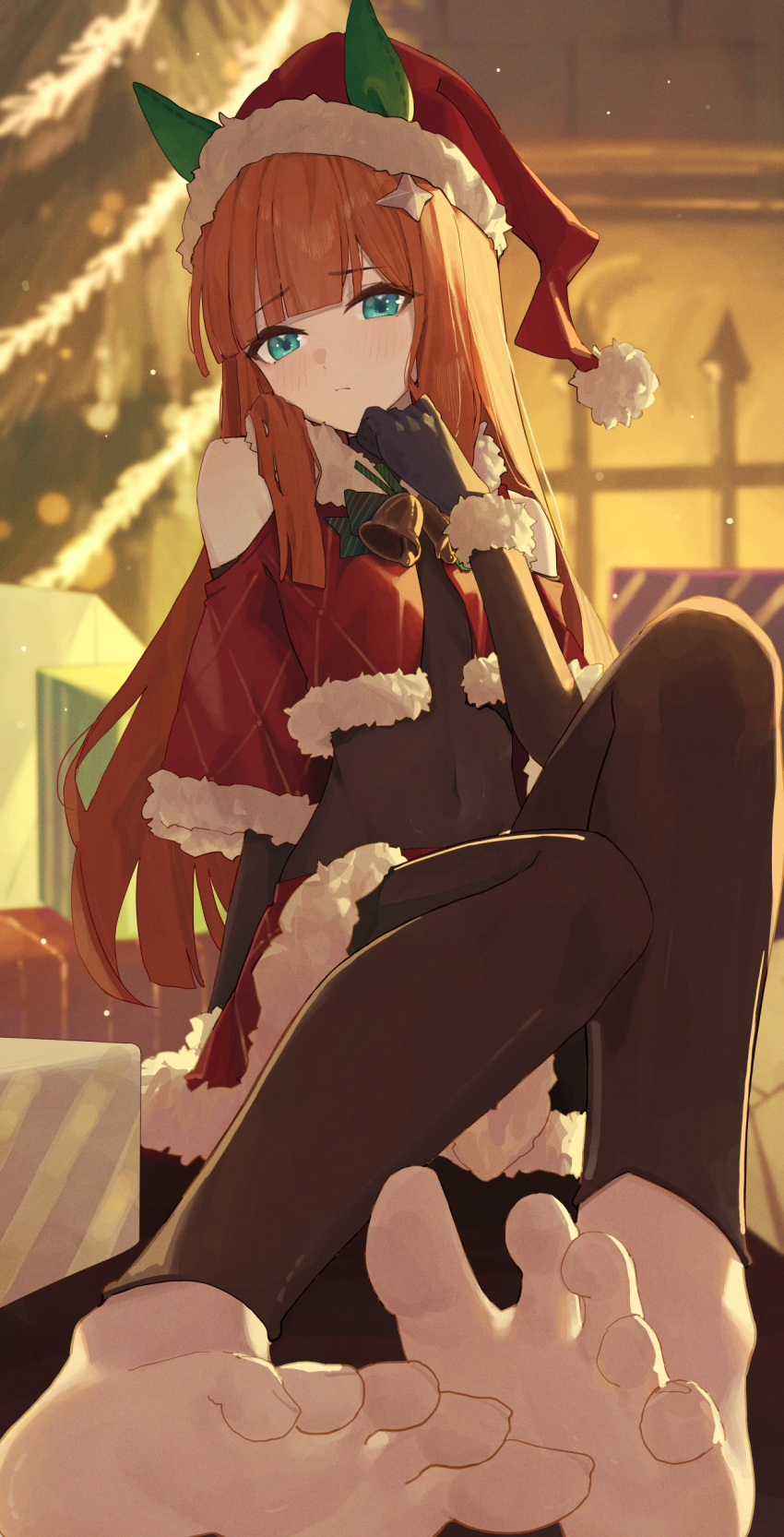 1girl absurdres animal_ears barefoot bell black_bodysuit black_leggings blush bodysuit capelet christmas christmas_tree closed_mouth covered_navel ear_covers feet foot_focus green_eyes hat highres horse_ears horse_girl knees_up leggings long_hair looking_at_viewer ningen_gokko orange_hair pom_pom_(clothes) red_capelet red_headwear santa_costume santa_hat silence_suzuka_(umamusume) soles solo toenails toes umamusume