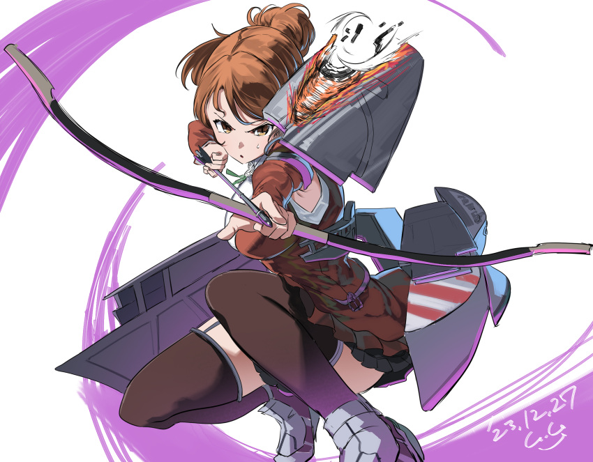 aquila_(kancolle) armpit_cutout arrow_(projectile) black_thighhighs blush bow_(weapon) brown_hair clothing_cutout dated flight_deck gegeron green_ribbon hair_between_eyes hair_ornament hairclip high_ponytail high_side_ponytail highres holding holding_arrow holding_bow_(weapon) holding_weapon jacket kantai_collection long_hair long_sleeves machinery orange_hair ponytail quiver red_jacket ribbon short_hair signature thighhighs wavy_hair weapon