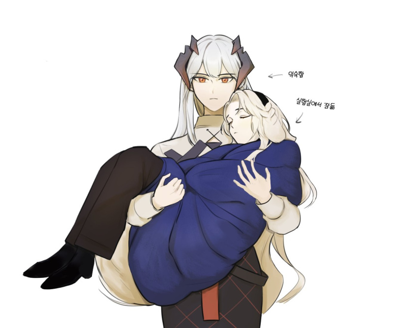 2girls animal_ears arknights black_footwear black_hairband black_pants black_skirt blanket blonde_hair carrying carrying_person closed_eyes dog_ears dog_girl dragon_horns floppy_ears grey_hair hairband hong3_(giveme_ogn) horns korean_text kristen_(arknights) long_hair multiple_girls orange_eyes pants saria_(arknights) shirt shoes simple_background skirt sleeping translation_request very_long_hair white_background white_shirt